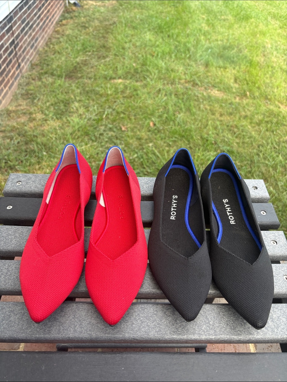 Rothy's Pointed Knit Flats in Red and Black with Blue Trim